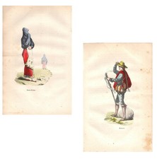 Stampe antiche PERU' uomo donna abiti tradizionali 2 fogli 1848 Antique prints