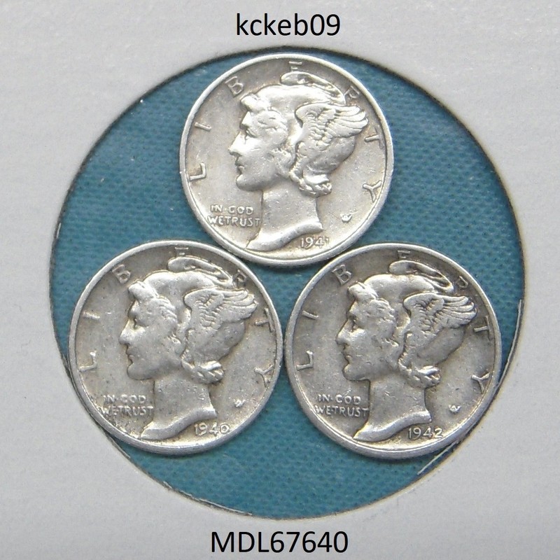Mercury dime lot of 3, 1940-P, 1941-P, 1942-P.  90% silver coins