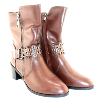 Ashro womens mid-calf boots Size 9M brown zip side 2.5'' block Heel NEW
