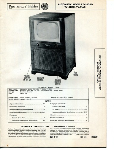 1951 Automatico TV-5020/5116R/5160 Cartella Fotofatto Televisore Manuale di Servizio - Foto 2 di 3
