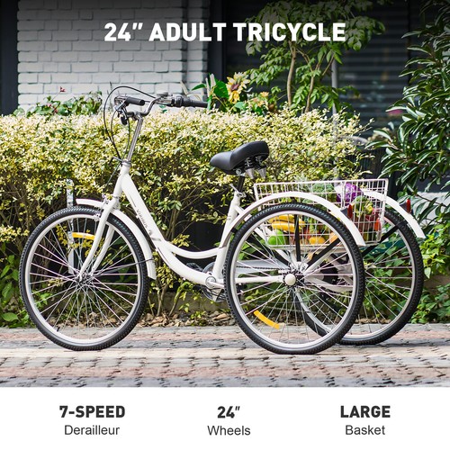 VIRIBUS 24"Adult Tricycle White 7 Speed Trike3-Wheel Bycicle Bike w/Basket Shop - Picture 12 of 12
