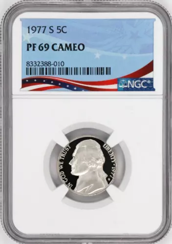 1977-S Proof Jefferson Nickel, Graded PF69 Cameo NGC * OSR Sales Patriotic Label