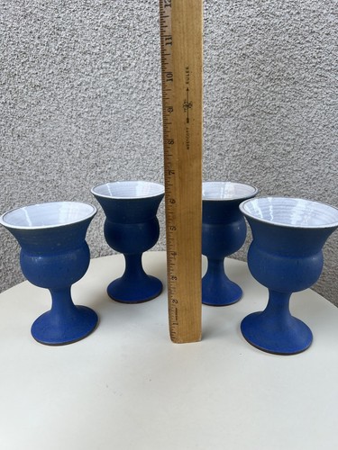 Vtg Pedestal Goblets Pottery Wine Cups Blue White Set 4 5 1/4” - Picture 8 of 9