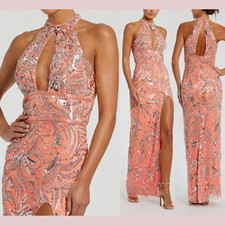 NWT Mac Duggal [ 8 ] 6030 High Neck Embellished Mesh Gown With Slit Coral J735