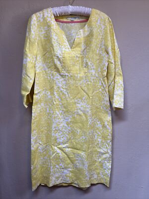 Boden Women's Sleeve Split Neck Yellow/White Print Linen Shift Dress Size  6L3/4 | eBay