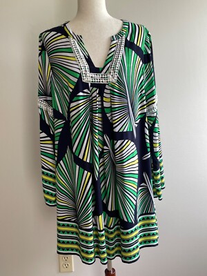 Crown & Ivy Palm Print Shift Dress Womens L Green/Navy Bell Sleeve 100%  Rayon | eBay