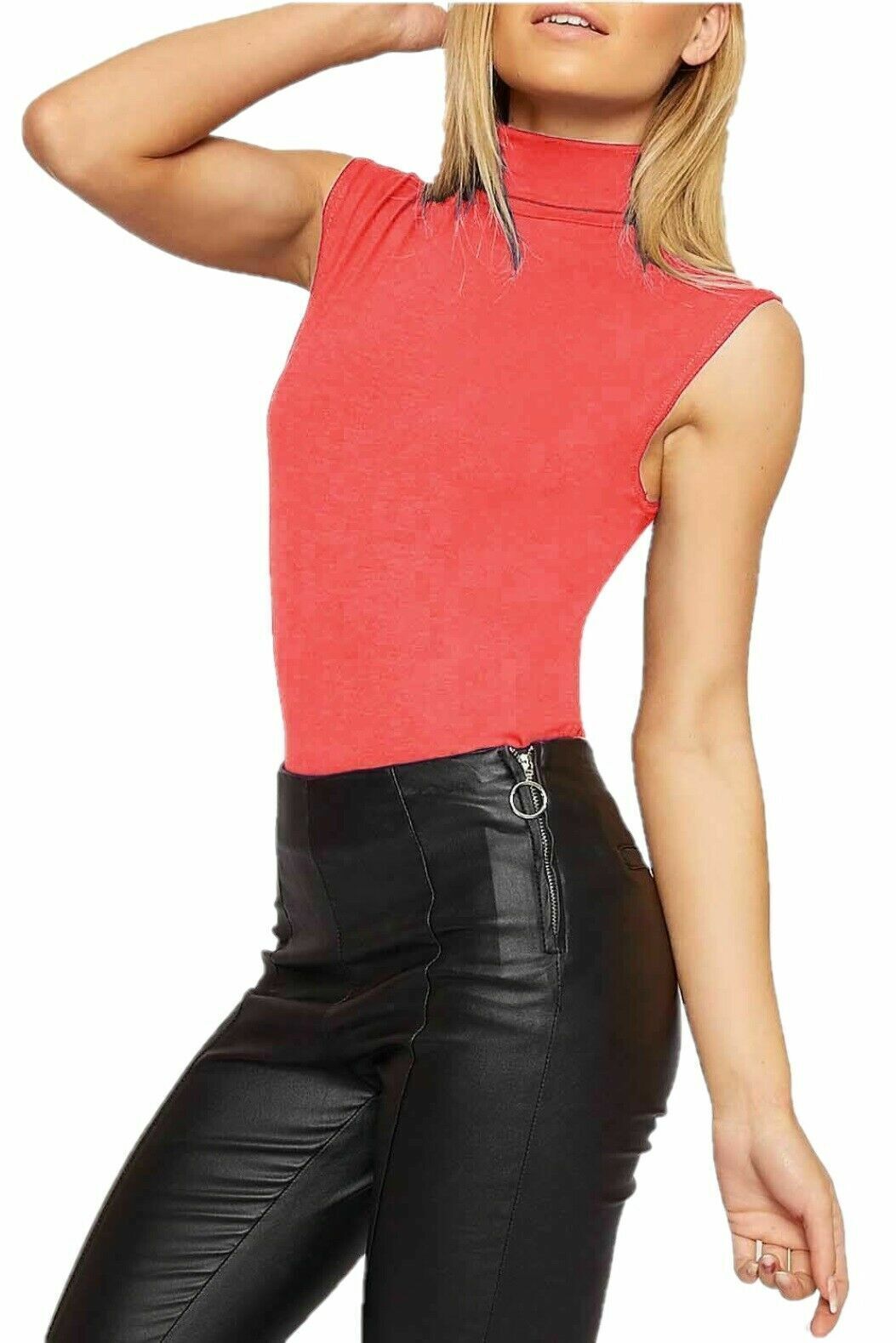 WOMENS SLEEVELESS POLO NECK TOP LADIES ROLL NECK TURTLE HIGH NECK PLAIN