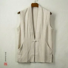 Mens Chinese style Cotton Linen Vests Tops Waistcoats Shirt Sleeveless sz