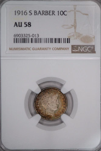 1916 S Barber Dime 10c AU 58 NGC