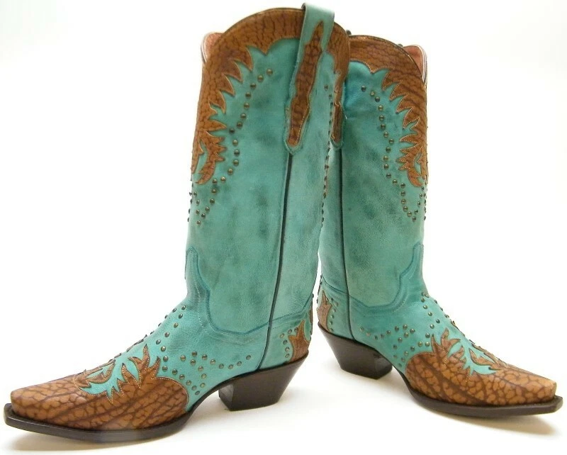 DAN POST 4786 TURQUOISE BRN STUDDED LEATHER SNIP COWBOY WESTERN BOOTS 8.5 1 2 M