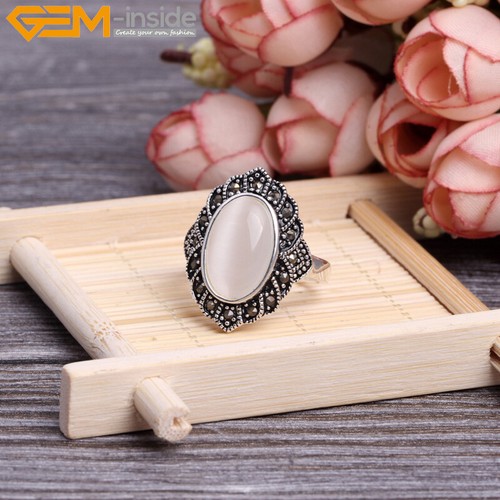 Natural Oval Gemstone Charm Rings Tibetan Silver Marcasite Jewelry Women Gift - Picture 10 of 32