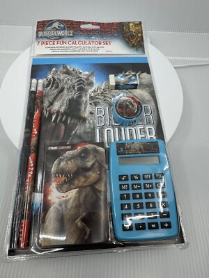 JURASSIC WORLD -7 PC CALCULATOR STATIONARY SET-T REX-INDOMINUS REX