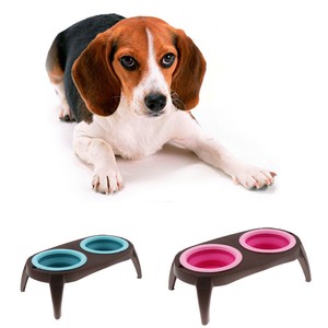 Double Raised Elevated Folding Dog Bowl Adjustable Height Double