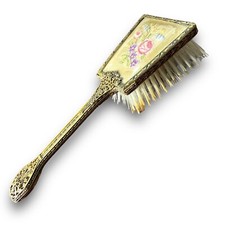 Vintage Brass Filigree Hair Brush Dresser Vanity Floral Tapestry