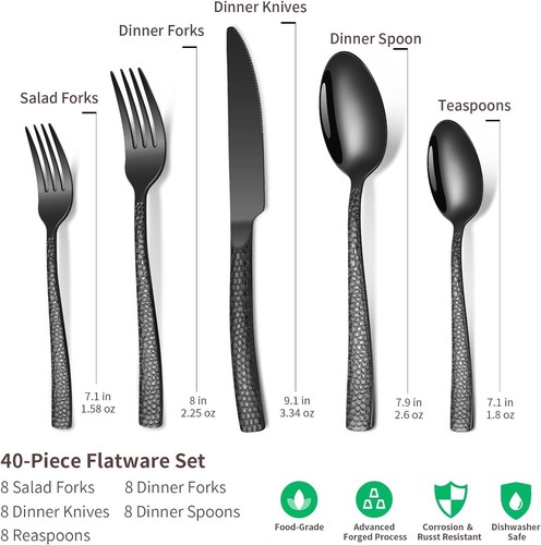 40-Piece Silverware Set, Black Hammered Stainless Steel Flatware Sets for 8, ... - Picture 3 of 7