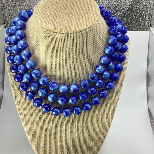 Vintage Hand Knotted Blue Stone Beaded Necklace U… - image 1