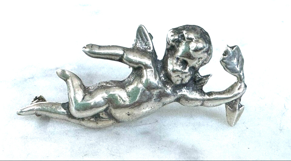 SOLID CAST 925 STERLING SILVER  CUPID BROOCH - image 2