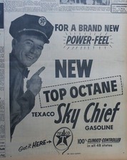 Large 1954 newspaper ad for Texaco - Service Attendant recommends Sky Chief gas