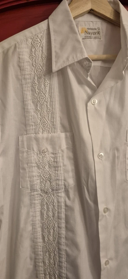 Camisa De Colección L Guyabera Romani Ligera Blanca 4 Bolsillos Bordada Encaje Foto 3 de 4