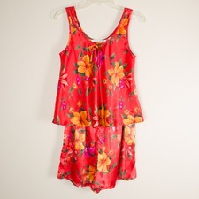 VICTORIA S SECRET 2 PC Satin Sleepwear PJs Floral Orange Cami Shorts Tank S