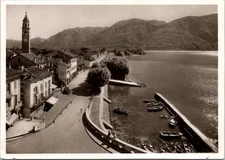 Ascona Switzerland Piazza With Lake Boats Scenic View Real Photo RPPC Postcard