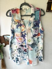 Womens DANIEL RAINN Blouse L White Blue Flora...