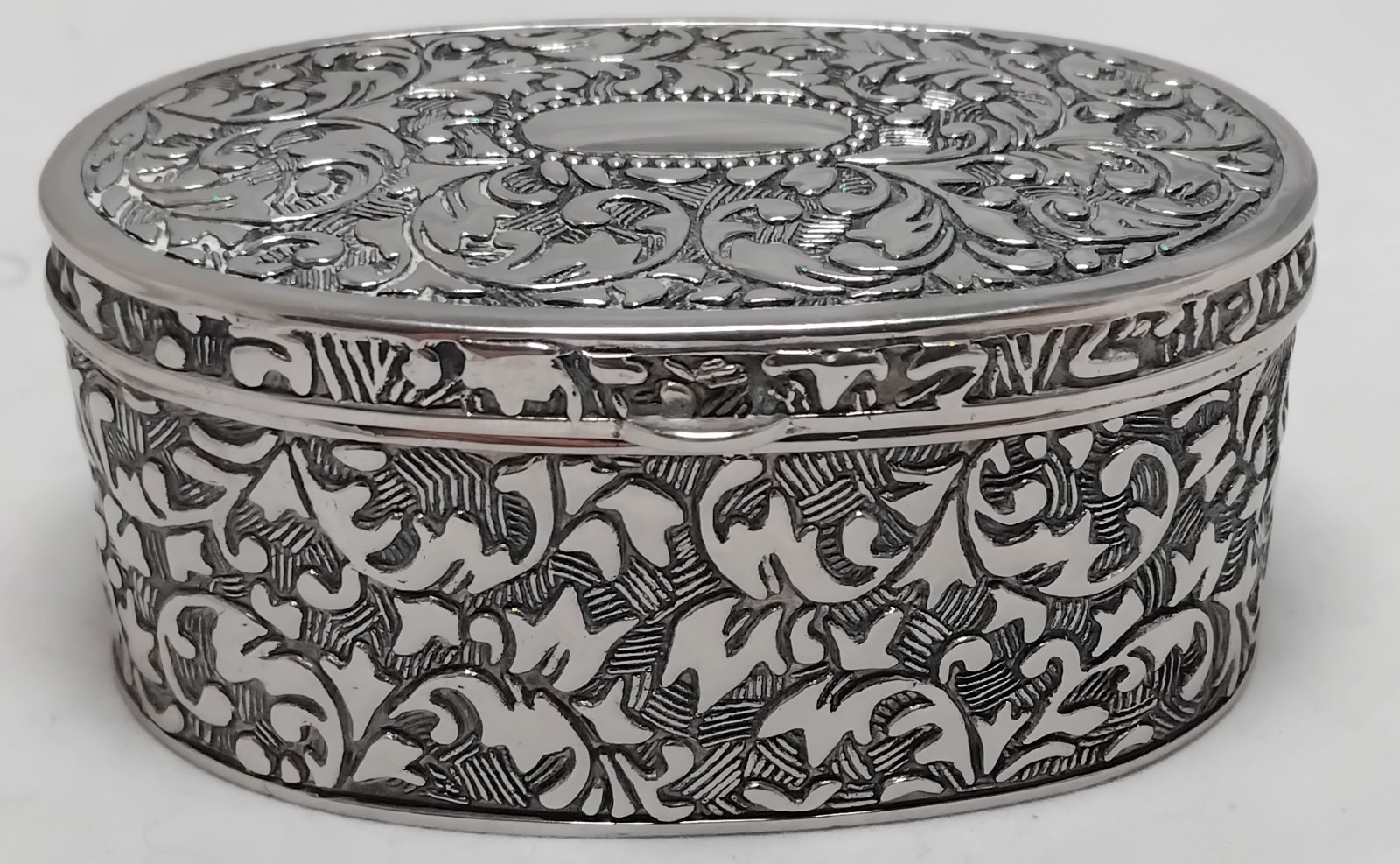Silver Plated Oval Trinket Box. Red Sateen Lining. Excellent Condition.