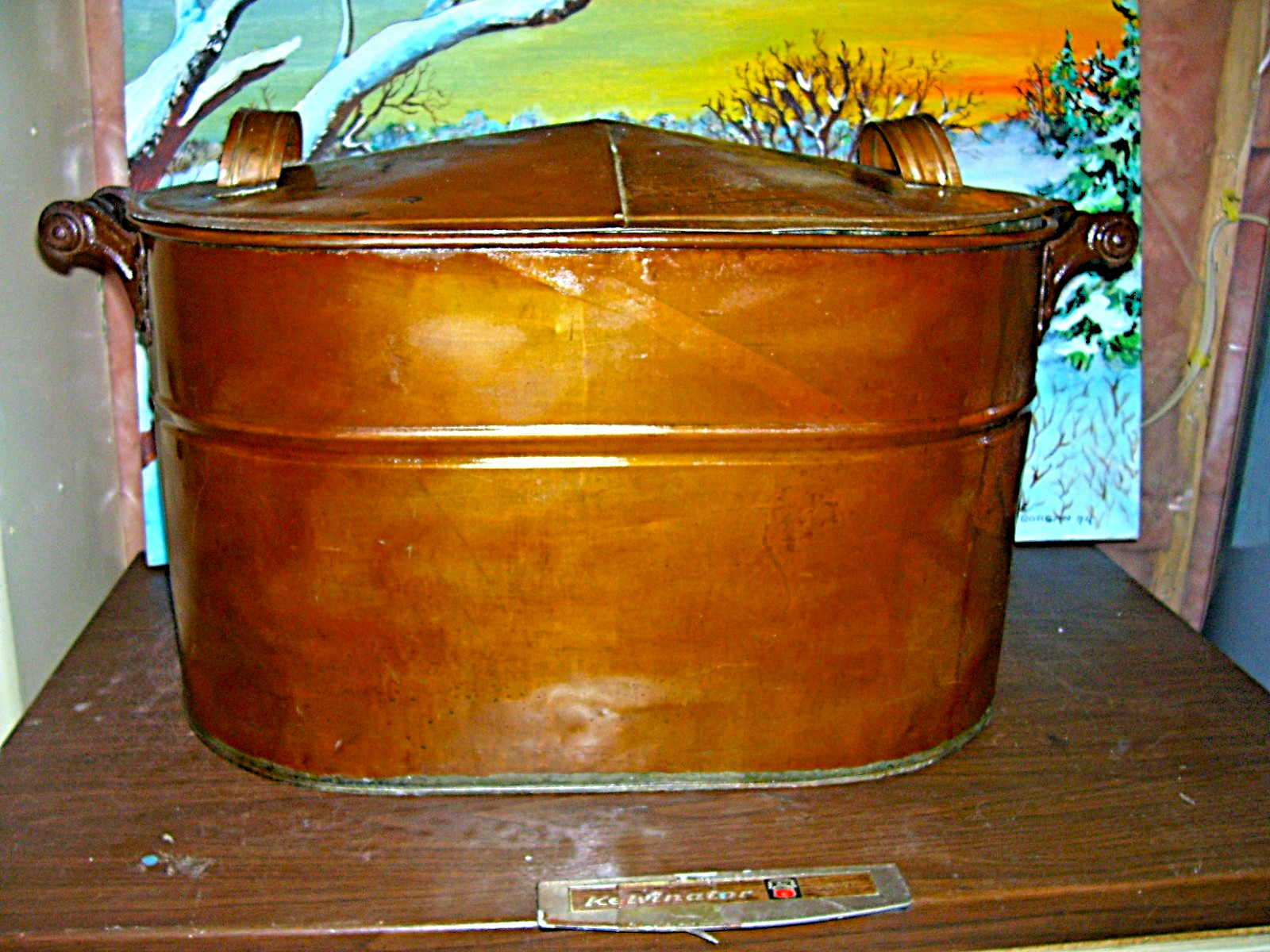 ANTIQUE COPPER WASH BOILER  TAPPERED LID ~ PRIMITIVE LAUNDRY TUB ~ STORAGE DECOR