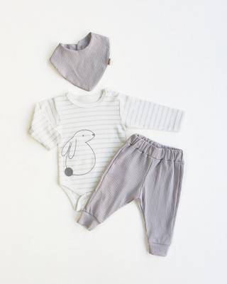 DreamLine Baby Bodysuit & Pants set ''Bunny'' 100% Cotton Long Sleeve White Lavend