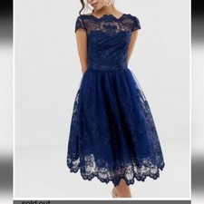 Chi Chi London April Cap Sleeved Embroidered Lace Midi Tea Dress Blue 4 Anthro