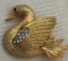 Vintage Swan Brooch Lapel Pin Faux Crystals Gold Tone Shiny Cut Out Design