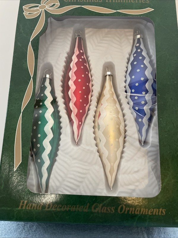 4 Christmas Trimmeries Hand Decorated Glass Ornaments Bradford 5” Icycle Drop