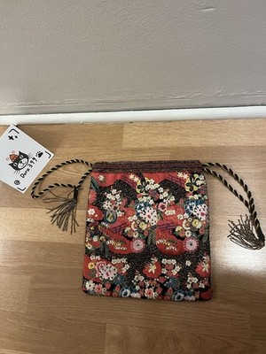 ZARA Japanese Style Beaded Floral Brocade Drawstring Bag Red Vintage Look