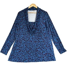 LOGO Lori Goldstein Tunic Large Blue Print Legacy X Rayon Stretch Cowl Pockets