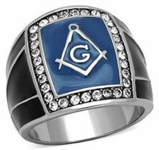 Blue Freemason Ring Stainless Steel Masonic Lodge Crystal Acc Sz 8 9 10 11 12 13