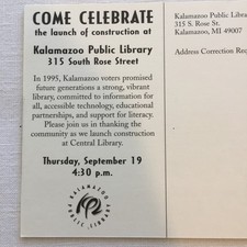 Tarjeta postal Michigan 1996 lanzamiento renovación invitación biblioteca pública Kalamazoo Michigan