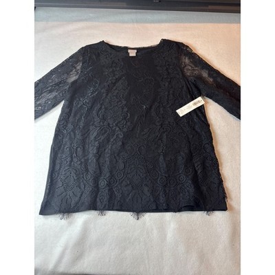 Chico's Lace Front Knit Top Women Size 1 M Black NEW Floral Sheer Sleeve Fringe