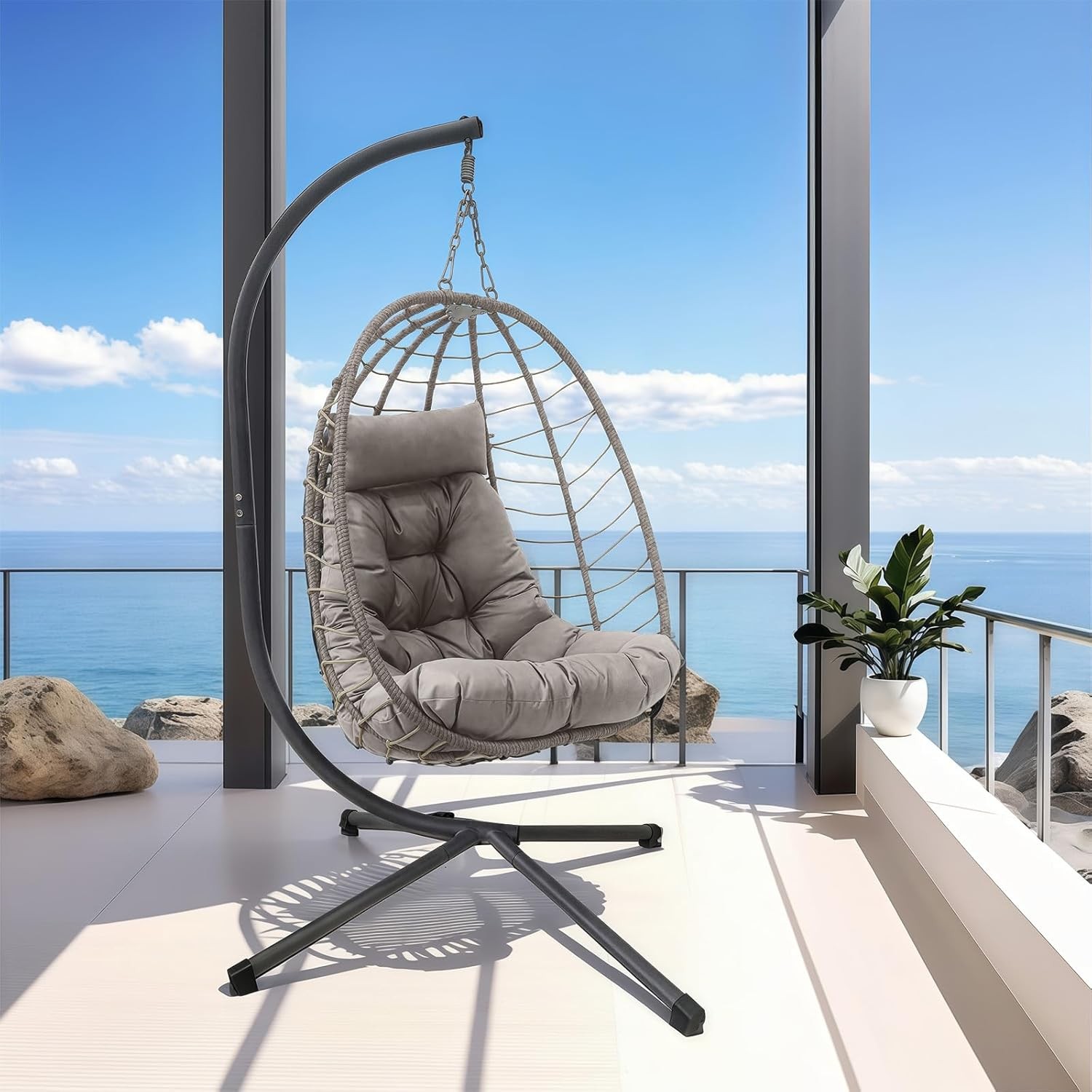 With Stand, Outdoor Wicker Patio Swing, Foldable Hammock Chair