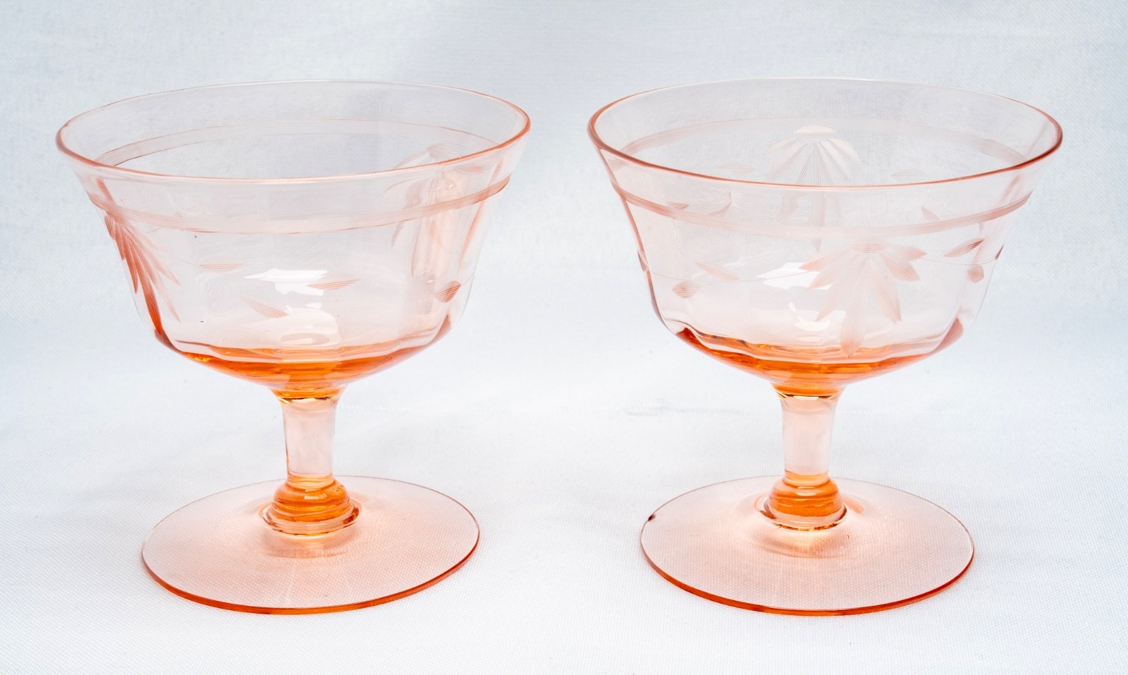 Vintage 1930s Pink Depression Era Etched Floral Sherbet Glasses Set of 2