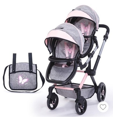 Bayer: Xeo Twin Stroller/Pram - Butterfly Grey & Pink - Matching Handbag New