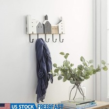 Rustic Wall Hook Rack Farmhouse Style Wooden Coat Hanger W/ Metal Hooks New