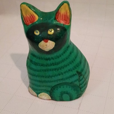 Hand-Painted Green Wooden Cat Figurine Striped Sitting Cat ~4 in Tall