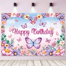 LDWLYW Butterfly Happy Birthday Banner Backdrop Pink Purple Butterflies Birthday