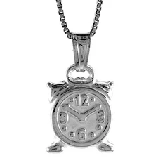 925 Sterling Silver Small Hollow Alarm Clock Pendant 9/16 (14mm) Inch Tall