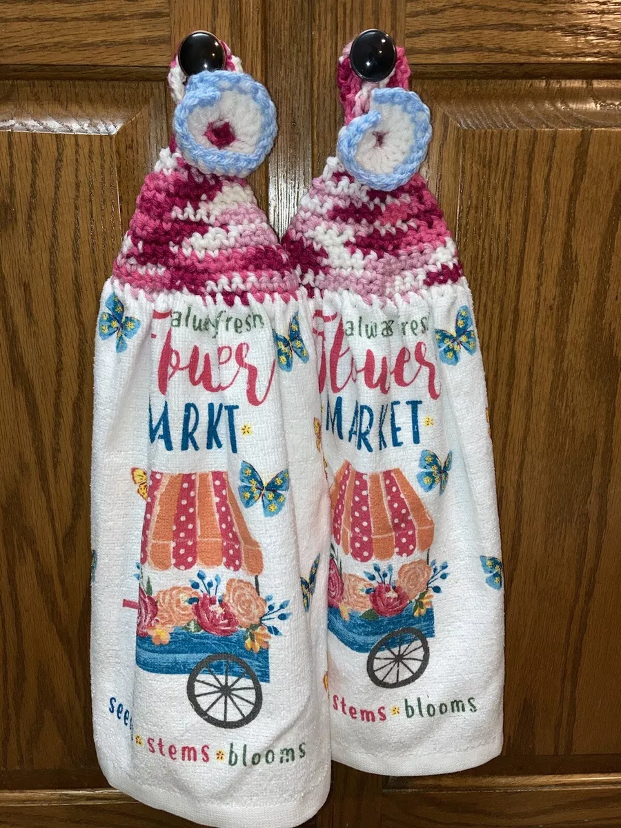 Crochet Top Kitchen Towel, set of 2, Hanging towels, Spring