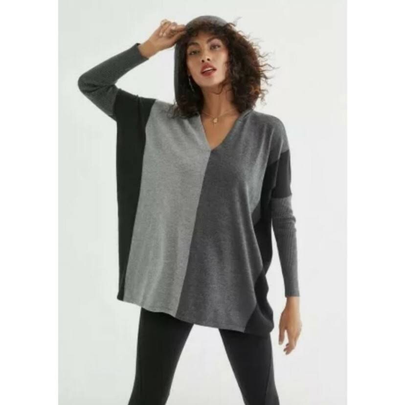 CAbi Dakota Hooded Poncho 4037 Small Gray Color Block Pullover