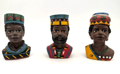 3 African Bust King Queen Prince Resin Traditional Dress Folk Art Figurines ON9