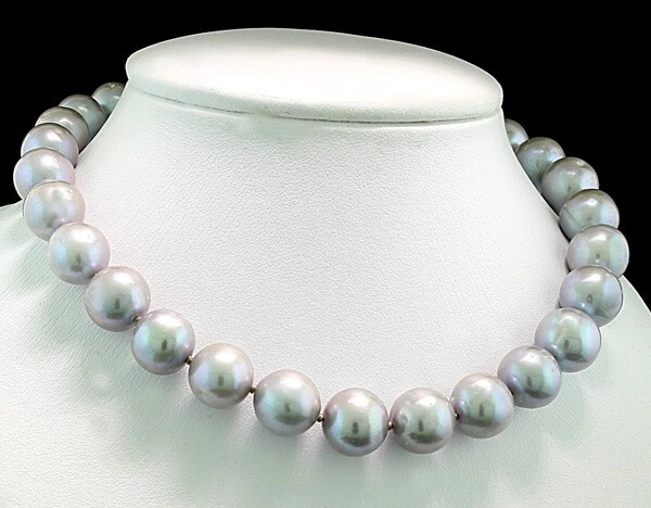 Valore Collana di Perle di Allevamento Grigio Argento 11-12 MM 925 Argento Nuovo - Immagine 2 di 3