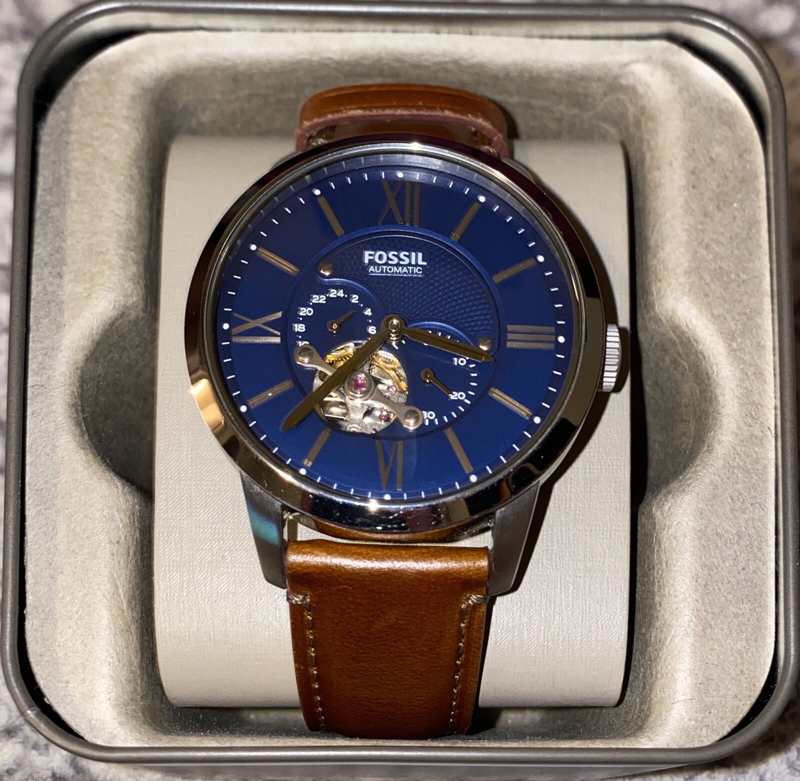 Fossil ME3110 Men's 44mm Leather Band Steel Case Automatic Analog Watch -  Brown/Blue for sale online | eBay