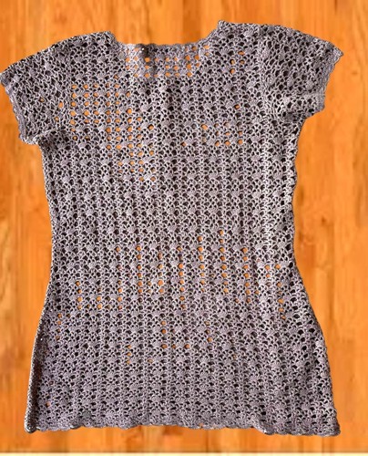 Vintage Newport News Crochet Dress Girls Sz L Tunic Taupe Short Sleeves Scallop - Picture 11 of 12